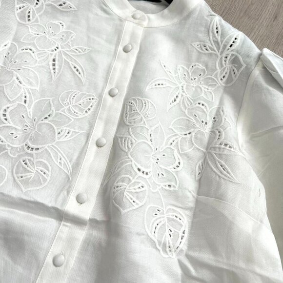 NWOT Marciano Guess Embroidered Linen Blend Shirt Puff Sleeve Cream XXS like S-M - Picture 4 of 9